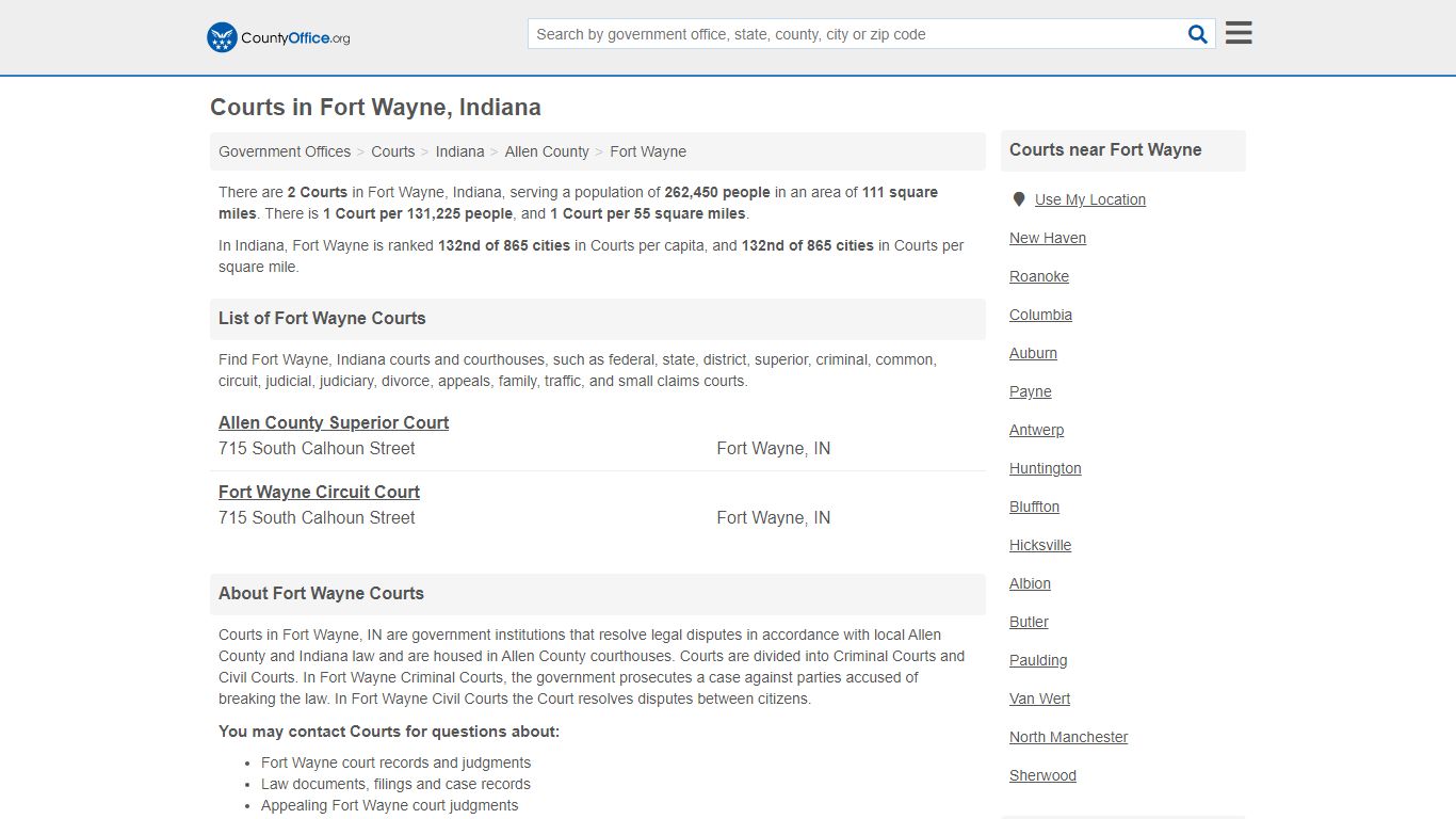 Courts - Fort Wayne, IN (Court Records & Calendars) - County Office